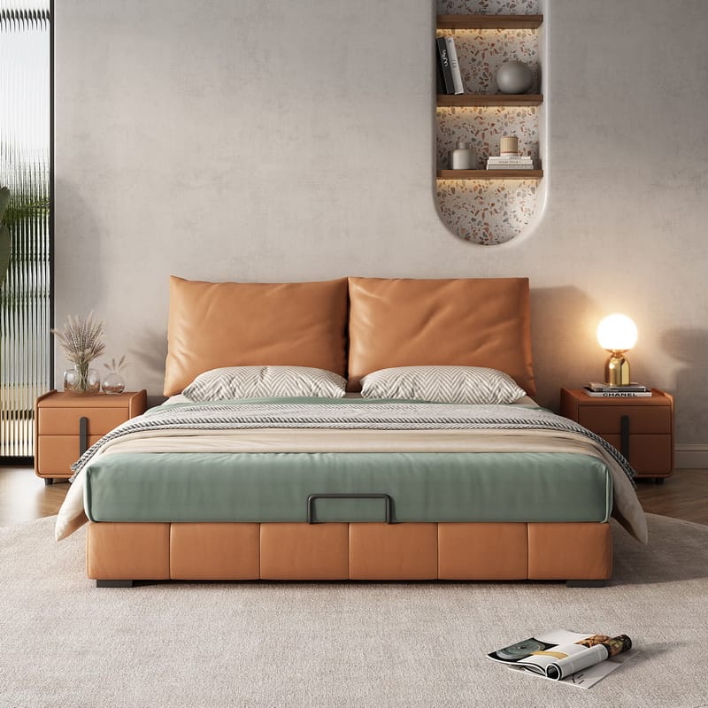 Komorebi Luxury King And Queen Size Wood and Leather Bed with Bed